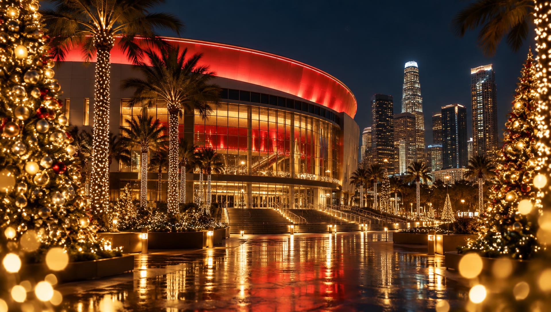 Kia Forum in Inglewood lit up at night with holiday lights and the Los Angeles skyline